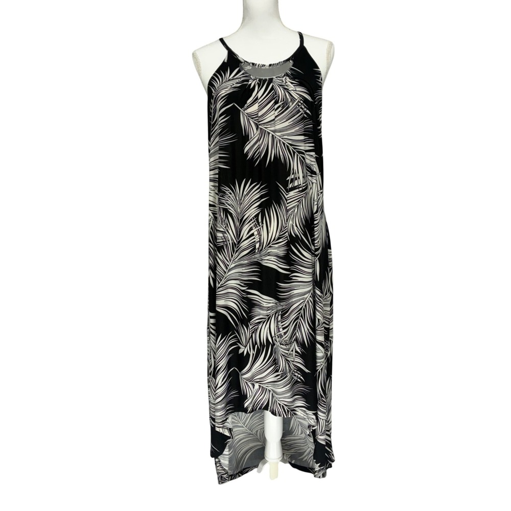 Botanical Maxi Dress Womens Large Tropical Palm Leaf Vacation Resortwear